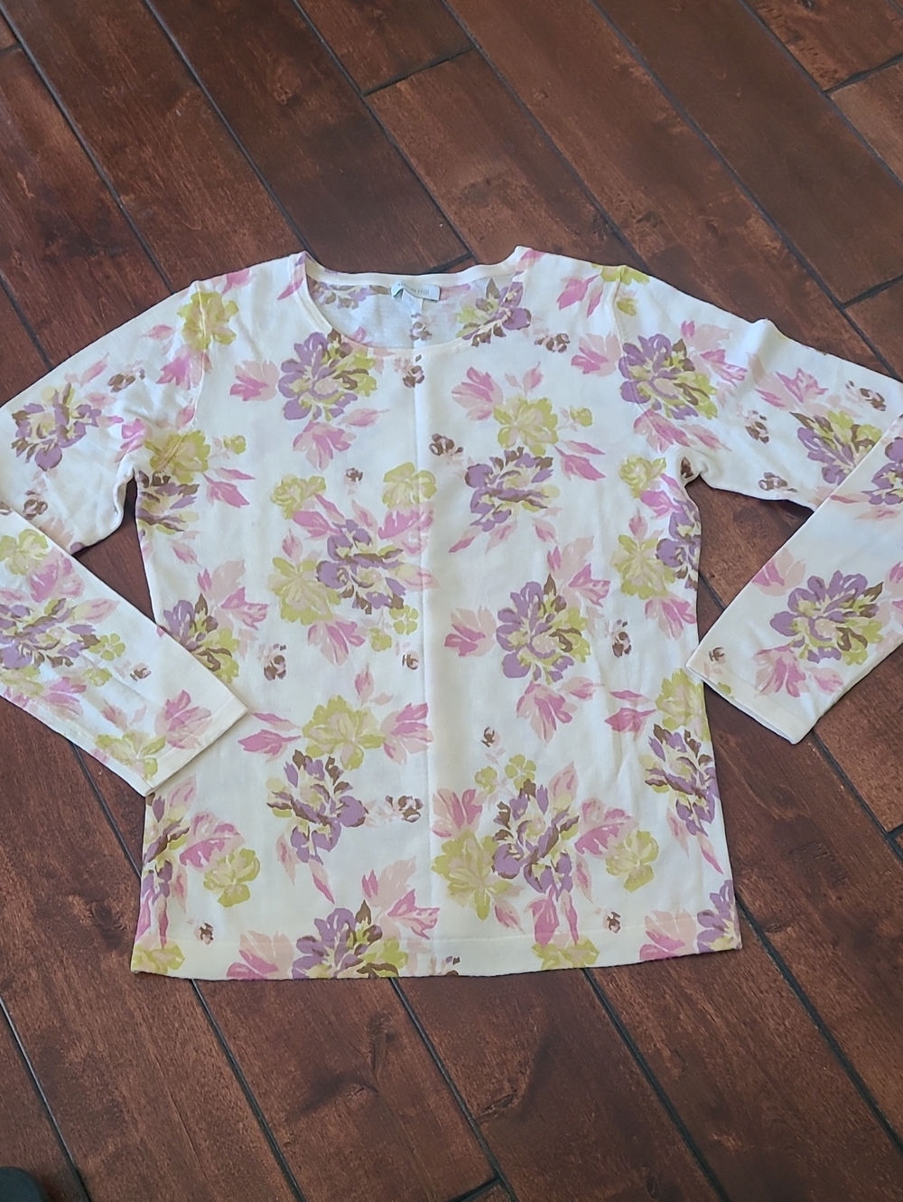 Garnet Hill White Floral Long-Sleeve 100% Merino Wool Lightweight Sweater  Sz M